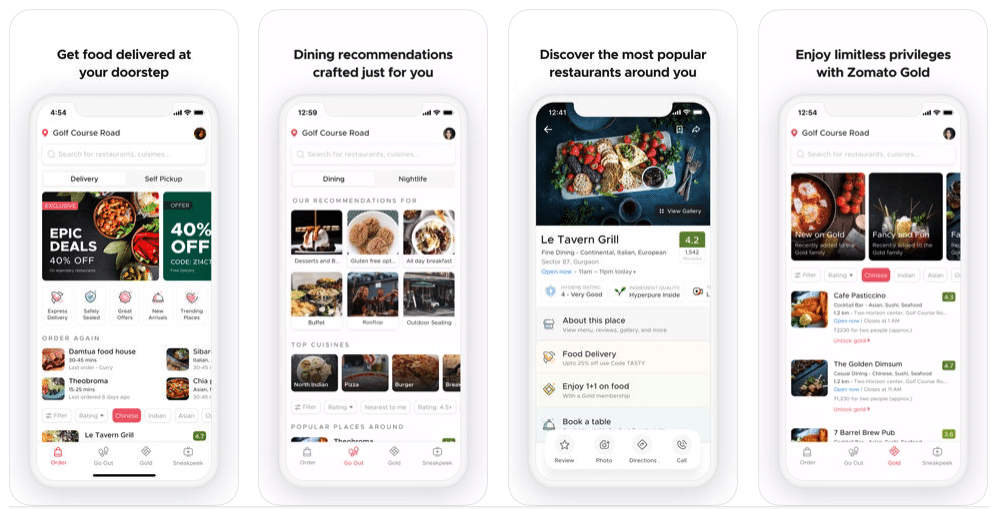 Screenshot showing Zomato’s mobile app and its features