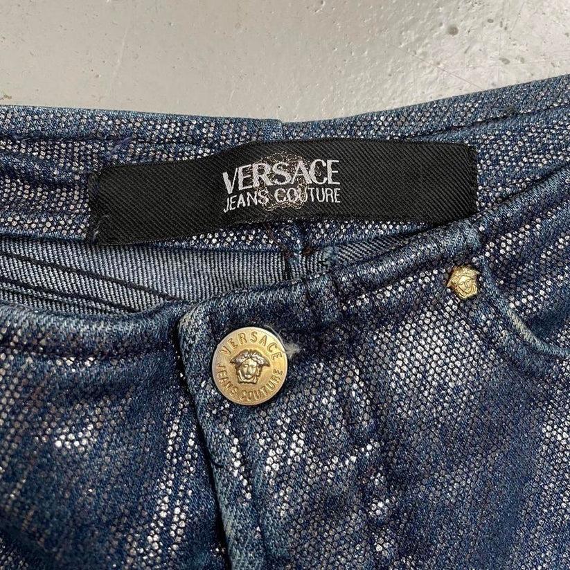 versace jeans couture blue shimmer trousers